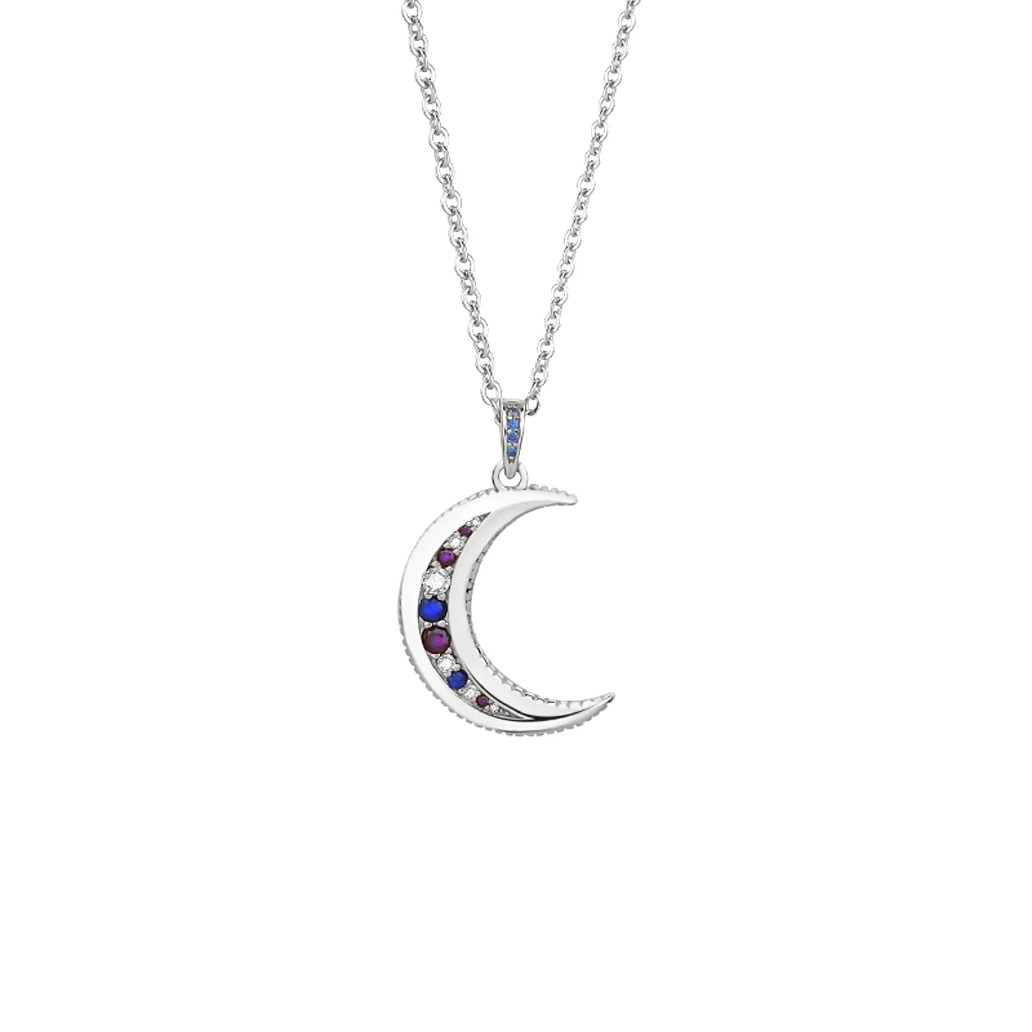 Collier pendentif lune argenté incrusté de pierres colorées suspendu à une chaîne fine. Idée cadeau femme.